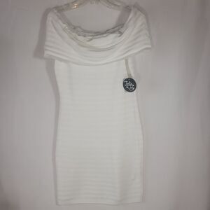 Jolie & Joy White Ribbed Off Shoulder Fold-over Knit Bodycon Mini Dress L NWT